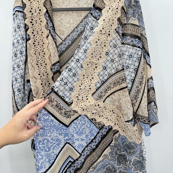 Catherines Patchwork Floral Crochet Sheer Kimono Topper 14/16W Blue Beige Boho - Picture 4 of 8